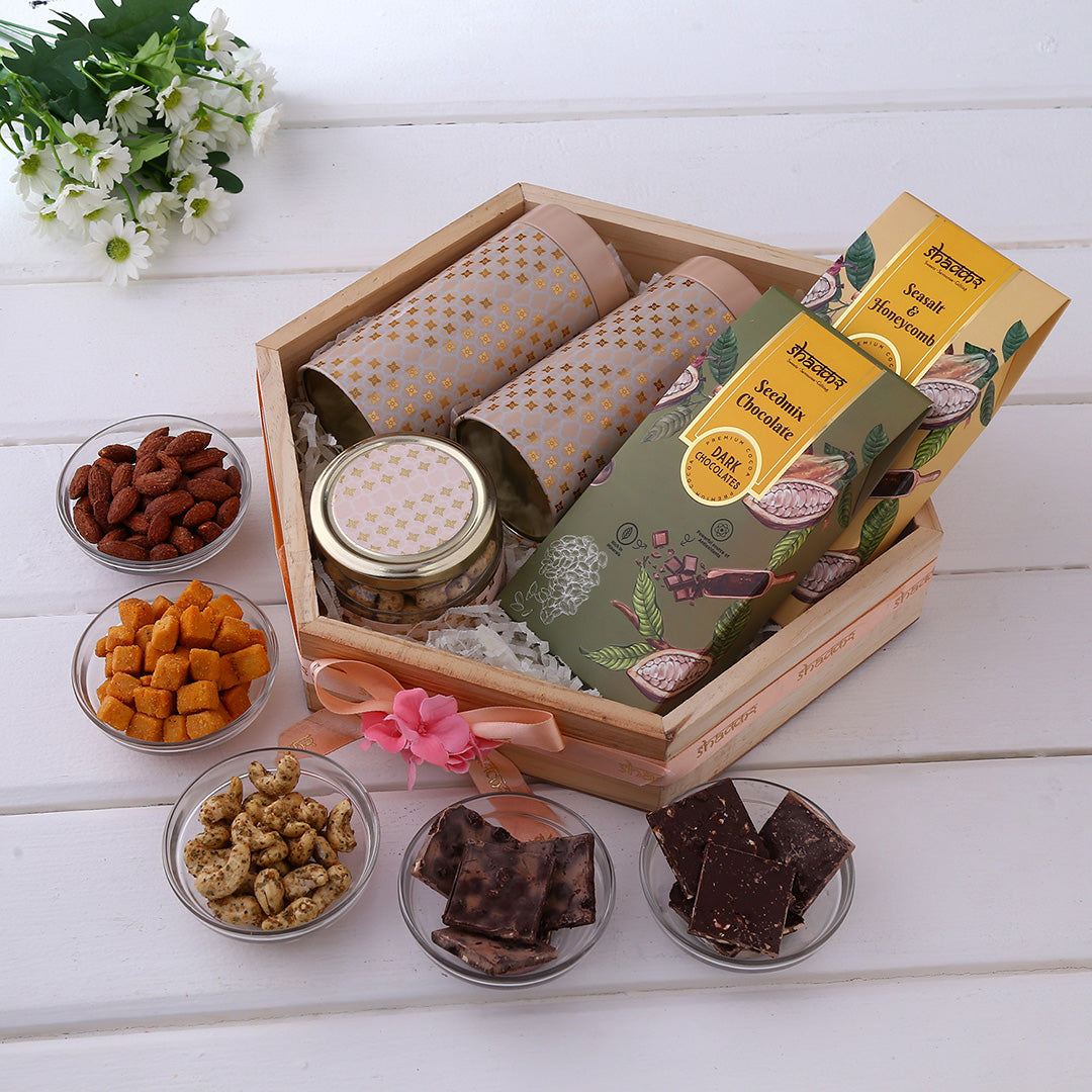Gourmet Hamper in a Hexagon Pine Wood Tray